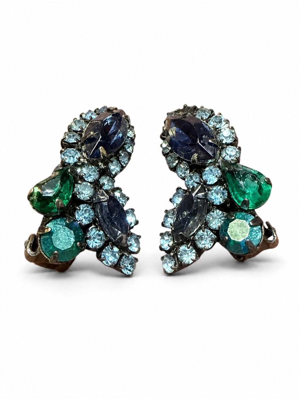Vintage Weiss Blue Green Rhinestone Clip On Earrings Sapphire Emerald Statement